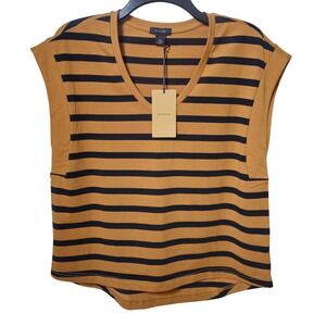 Halogen Striped V-Neck Cap Sleeve Top Mustard Yellow Black Size Small NWT